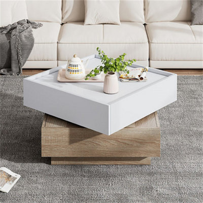 Square Rotating Coffee Table with 2 Drawers, Wooden 2-Tier Center Table ...