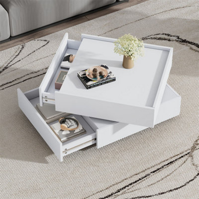 Square Rotating Coffee Table with 2 Drawers, Wooden 2-Tier Center Table ...