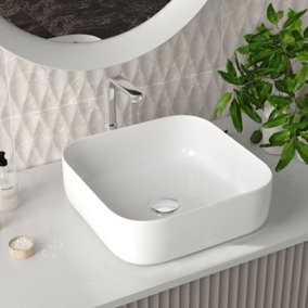 Square Rounded Corners White Ceramic Countertop Basin Bathroom Sink W 390 mm