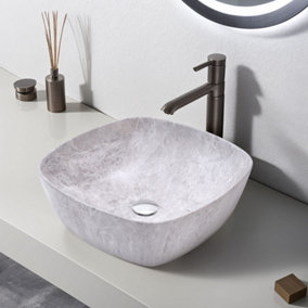 Square Rounded Corners White Ceramic Marble Effect Texture Countertop Basin Bathroom Sink W 410 mm