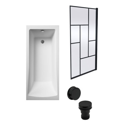 Square Single Ended Bath, Abstract Black Screen and Black Waste - 1700 x 700mm