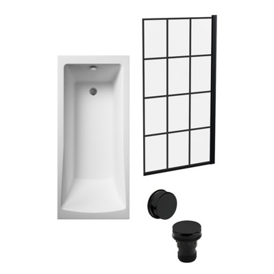 Square Single Ended Bath, Abstract Black Screen and Black Waste -1700x700mm