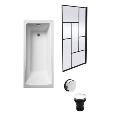 Square Single Ended Bath, Abstract Black Screen and Chrome Waste - 1700 x 700mm