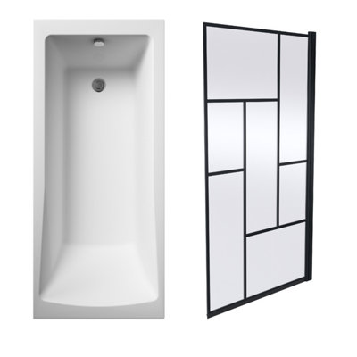 Square Single Ended Bath and Abstract Black Bath Screen - 1700 x 700mm