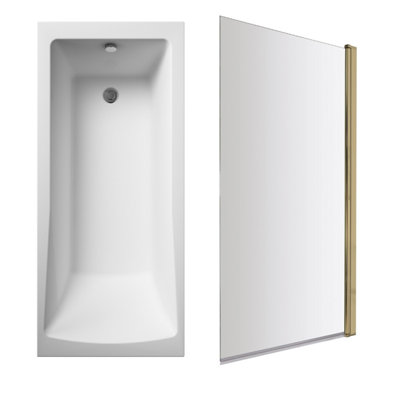 Square Single Ended Bath and Brushed Brass Bath Screen - 1700 x 700mm
