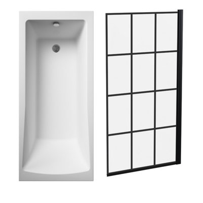 Square Single Ended Bath and Framed Black Bath Screen - 1700 x 700mm