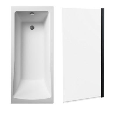 Square Single Ended Bath and Square Black Bath Screen - 1700 x 700mm