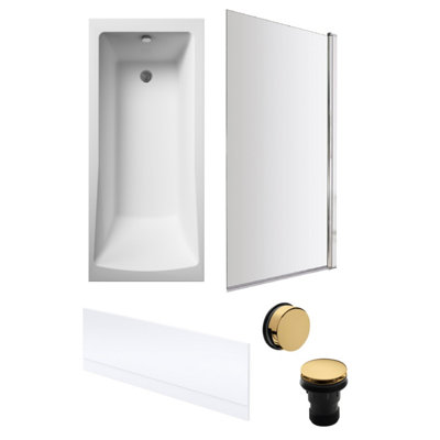 Square Single Ended Bath, Bath Screen, Front Panel, Brushed Brass Waste -1700x700mm