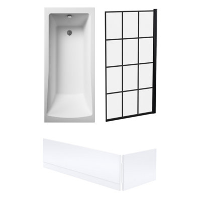 Square Single Ended Bath, Black Framed Screen and Panels - 1700 x 700mm