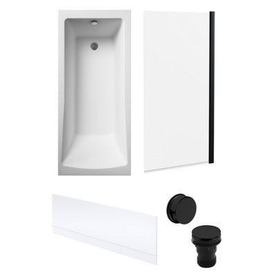 Square Single Ended Bath, Black Screen, Front Panel and Black Waste -1700x700mm