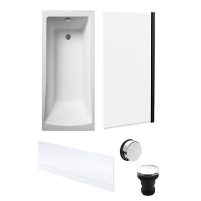 Square Single Ended Bath, Black Screen, Front Panel and Chrome Waste -1700x700mm