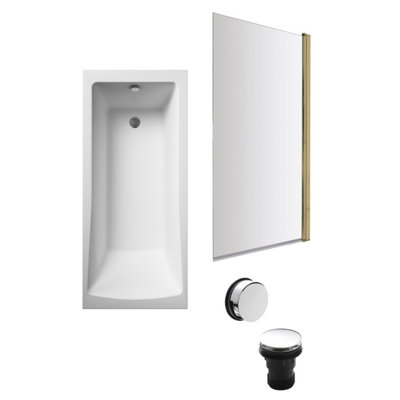 Square Single Ended Bath, Brushed Brass Screen and Chrome Waste - 1700 x 700mm