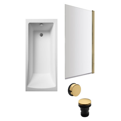 Square Single Ended Bath, Brushed Brass Screen and  Waste - 1700 x 700mm