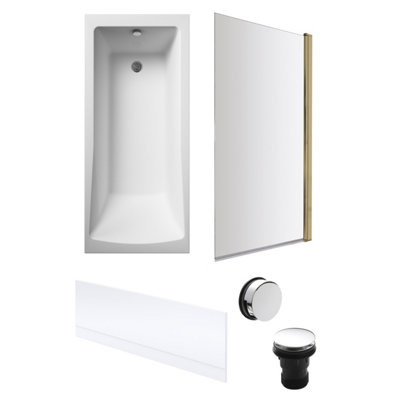 Square Single Ended Bath, Brushed Brass Screen, Front Panel, Chrome Waste-1700x700mm
