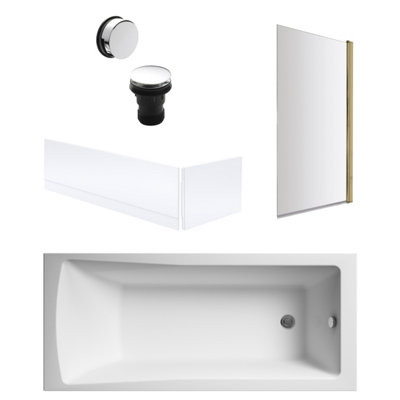 Square Single Ended Bath, Brushed Brass Screen, Panels, Chrome Waste -1700x700mm
