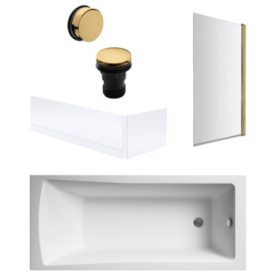 Square Single Ended Bath, Brushed Brass Screen, Waste, Panels -1700x700mm