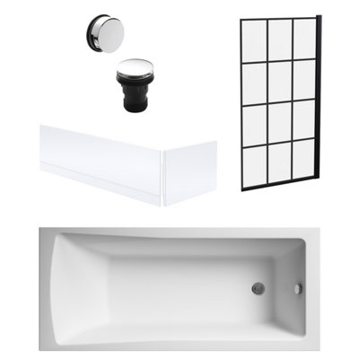 Square Single Ended Bath, Framed Black Screen, Panels, Chrome Waste - 1700x700mm