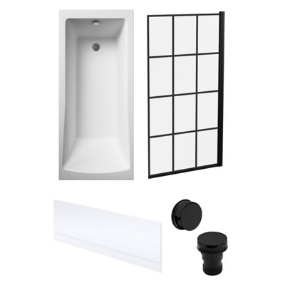 Square Single Ended Bath, Framed Screen, Front Panel, Black Waste -1700x700mm