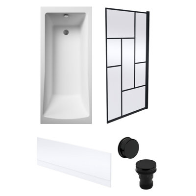 Square Single Ended Bath, Front Panel, Abstract Black Screen and Waste -1700x700mm