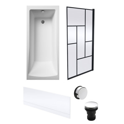 Square Single Ended Bath, Front Panel, Abstract Black Screen, Chrome Waste -1700x700mm