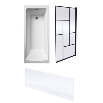 Square Single Ended Bath, Front Panel and Abstract Black Screen - 1700 x 700mm