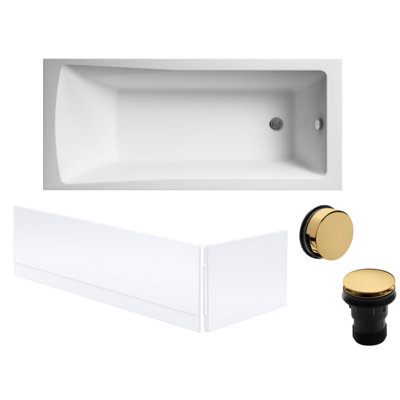Square Single Ended Bath, Panels and Brushed Brass Waste - 1700 x 700mm
