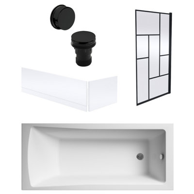 Square Single Ended Bath, Panels, Black Abstract Screen, Black Waste-1700x700mm