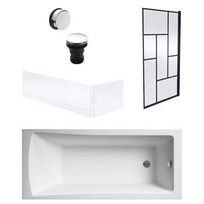Square Single Ended Bath, Panels, Black Abstract Screen, Chrome Waste-1700x700mm