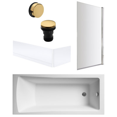 Square Single Ended Bath, Screen, Panels and Brushed Brass Waste - 1700 x 700mm