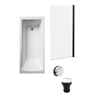 Square Single Ended Bath, Square Black Bath Screen and Chrome Waste - 1700 x 700mm
