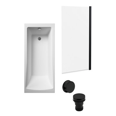 Square Single Ended Bath, Square Black Bath Screen and Waste - 1700 x 700mm