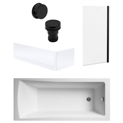 Square Single Ended Bath, Square Black Screen, Panels, Black Waste - 1700x700mm