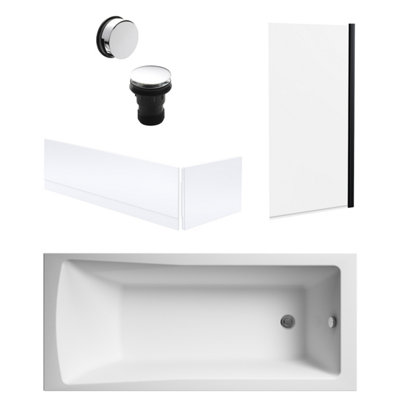 Square Single Ended Bath, Square Black Screen, Panels, Chrome Waste - 1700x700mm
