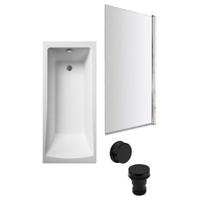Square Single Ended Bath, Square Screen and Black Waste - 1700 x 700mm