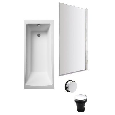 Square Single Ended Bath, Square Screen and Chrome Waste - 1700 x 700mm