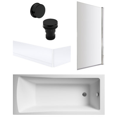 Square Single Ended Bath, Square Screen, Panels and Black Waste - 1700 x 700mm