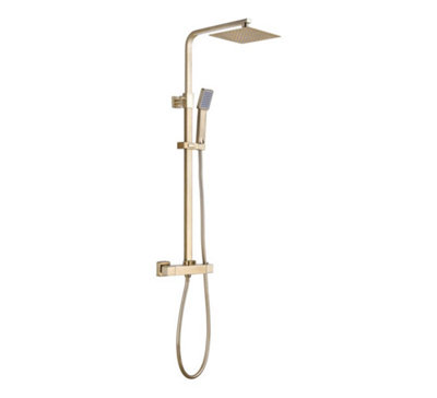Square Thermostatic Shower Bar Mixer with Riser Kit, Brushed Brass Finish