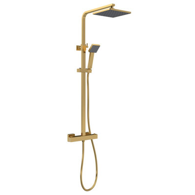 Square Thermostatic Shower Kit with Fixed Head & Adjustable Handset - Brushed Brass