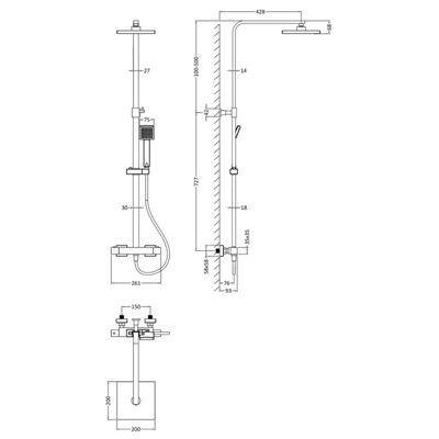 Square Thermostatic Shower Kit with Fixed Head & Adjustable Handset - Brushed Pewter