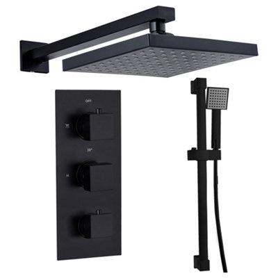 Square Twin Head Wall Concealed Thermostatic Shower Valve Set with Riser Kit - Black