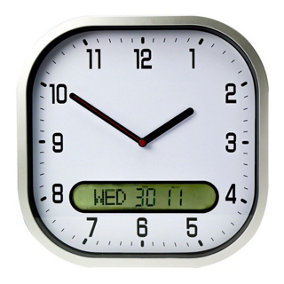 Square Wall Clock - Large Display Clock with Black Analogue Numbers, LCD Screen Displaying the Day & Date & Silver Plastic Frame