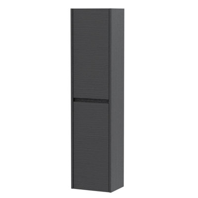 Square Wall Hung 2 Door Tall Bathroom Unit, 350mm - Woodgrain Graphite Grey