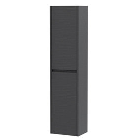 Square Wall Hung 2 Door Tall Bathroom Unit, 350mm - Woodgrain Graphite Grey