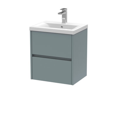 Square Wall Hung 2 Drawer Vanity Unit & Ceramic Basin, 500mm - Matt Coastal Grey