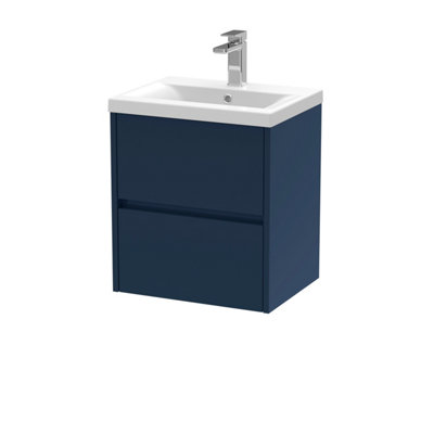 Square Wall Hung 2 Drawer Vanity Unit & Ceramic Basin, 500mm - Midnight Blue