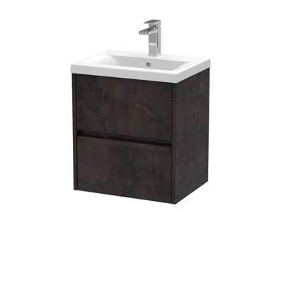 Square Wall Hung 2 Drawer Vanity Unit & Ceramic Basin, 500mm - Textured Matt Metallic Slate