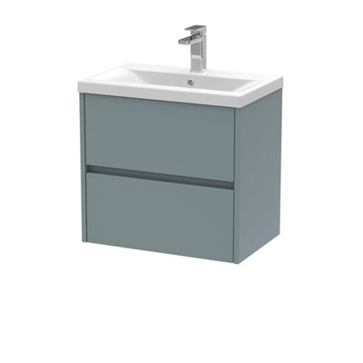 Square Wall Hung 2 Drawer Vanity Unit & Ceramic Basin, 600mm - Matt Coastal Grey Price Comparisons | Compare The Build