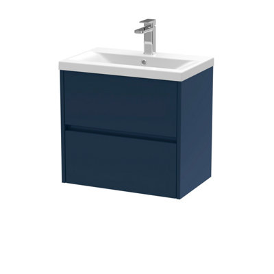 Square Wall Hung 2 Drawer Vanity Unit & Ceramic Basin, 600mm - Midnight Blue