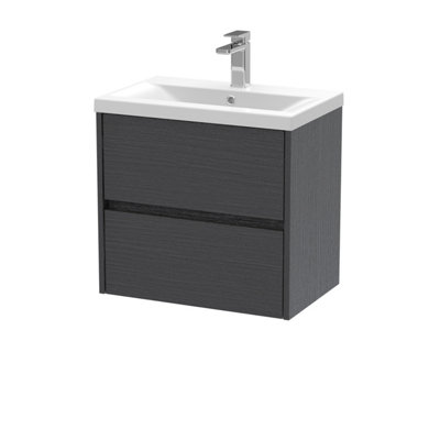 Square Wall Hung 2 Drawer Vanity Unit & Ceramic Basin, 600mm - Woodgrain Graphite Grey