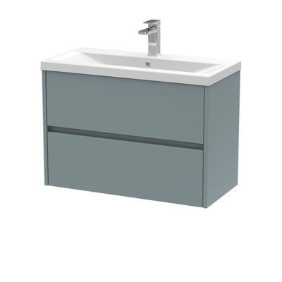 Square Wall Hung 2 Drawer Vanity Unit & Ceramic Basin, 800mm - Matt Coastal Grey